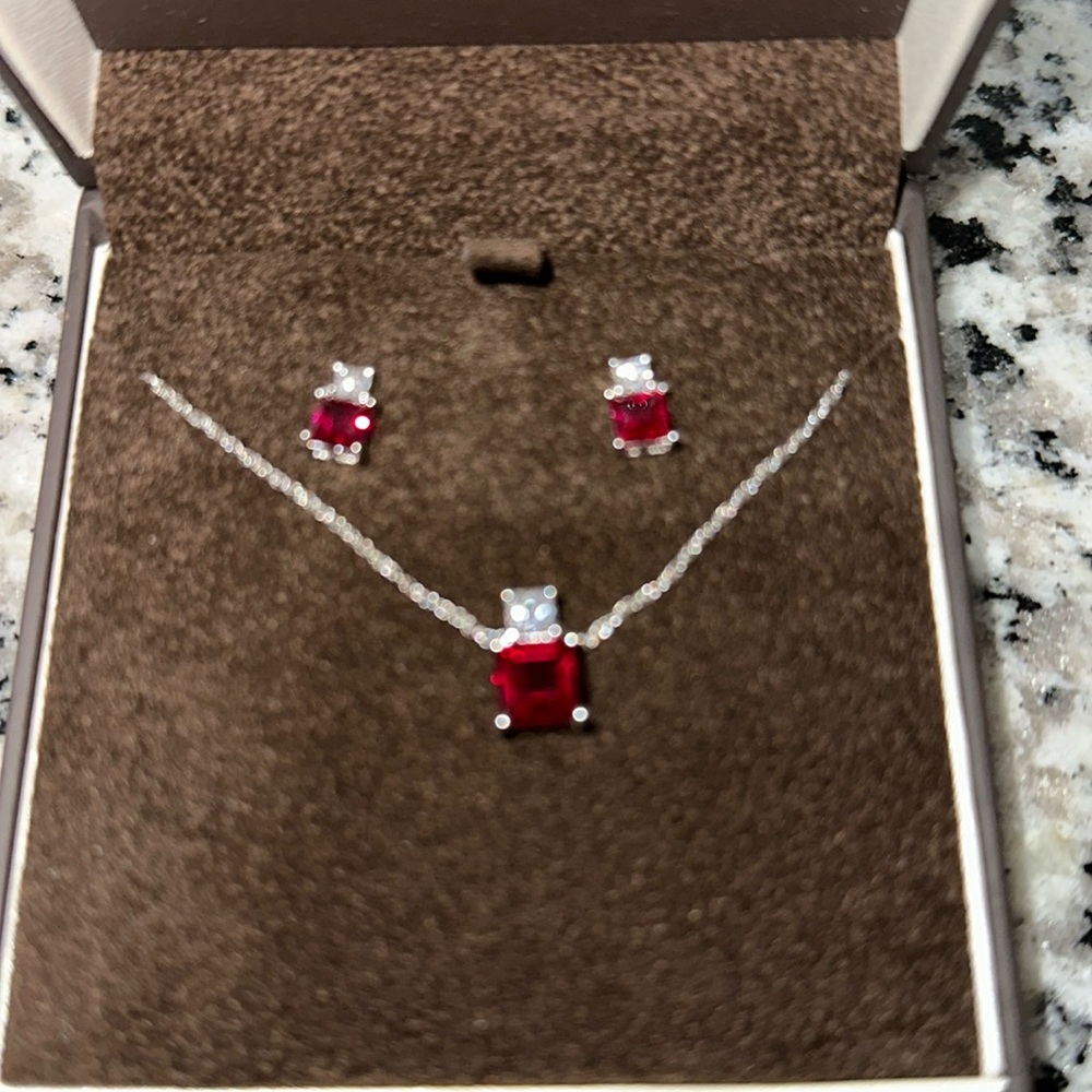 Jared’s Ruby and Diamond encrusted sterling Silver Necklace and Earring set